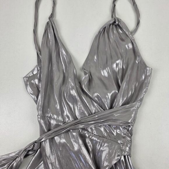 Free People Jocelyn Dress Womens Sz 0 Silver Metallic Wrap Maxi Spaghetti Strap - Picture 10 of 16